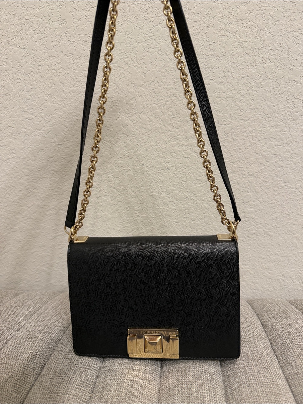 Furla Black Leather Chain Shoulder Bag with Gold Hardware